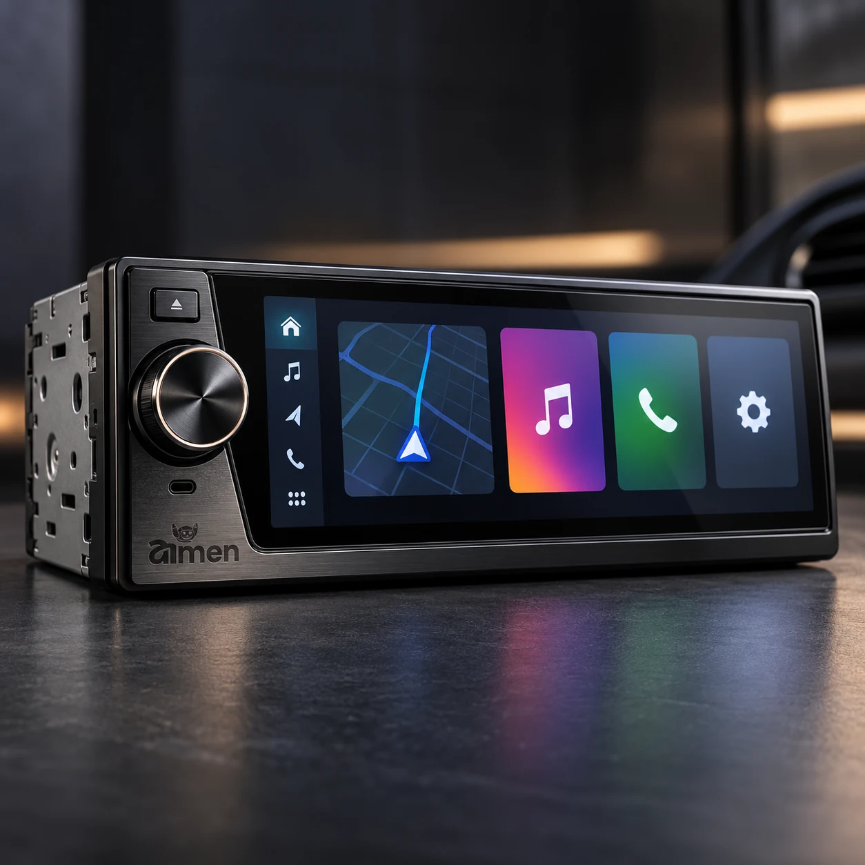 AIMEN infotainment system with monochrome laser-engraved logo