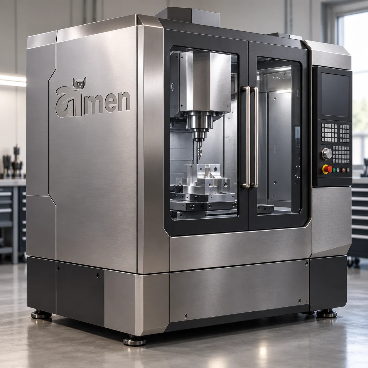 AIMEN CNC machine with monochrome laser-engraved logo
