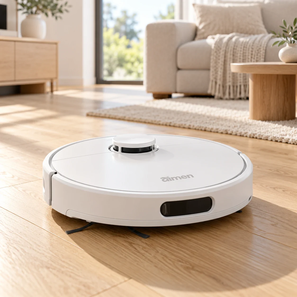 AIMEN robotic vacuum cleaner with monochrome laser-engraved logo